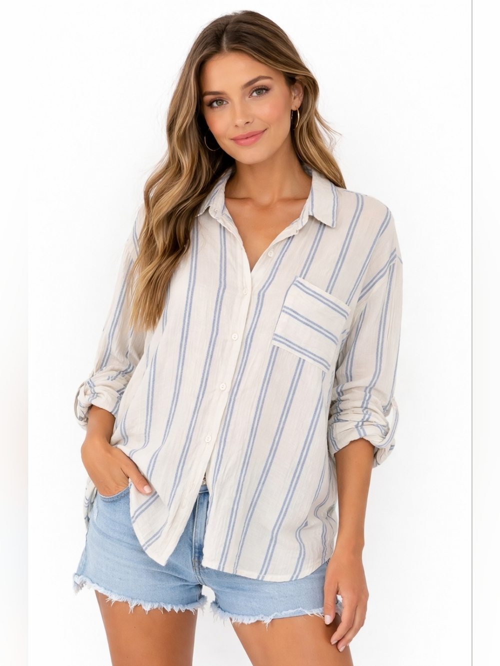 Rip Curl Button Down Shirt XL Oversized Beachy Linen Blend Blue Cream